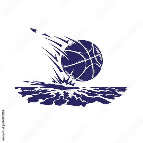 Dark blue silhouette of a basketball hitting the ground with motion lines and a cracked impact surface isolated on a white background