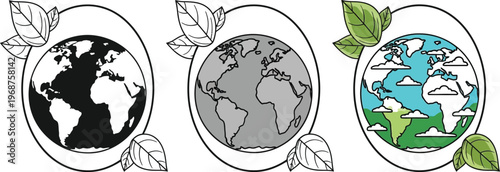 Three oval frames depicting earth's transformation through stages of development