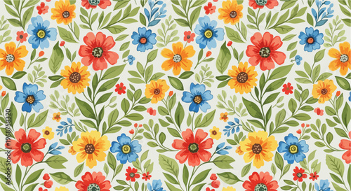 Playful botanical design filled with colorful blossoms and leaves