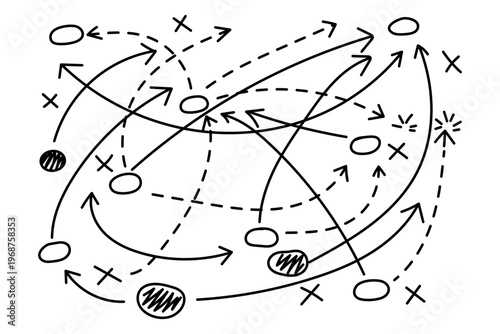 Hand drawn soccer strategy play diagram with arrows, Player positions and movement paths, Football tactical game plan and coach playbook concept vector illustration.