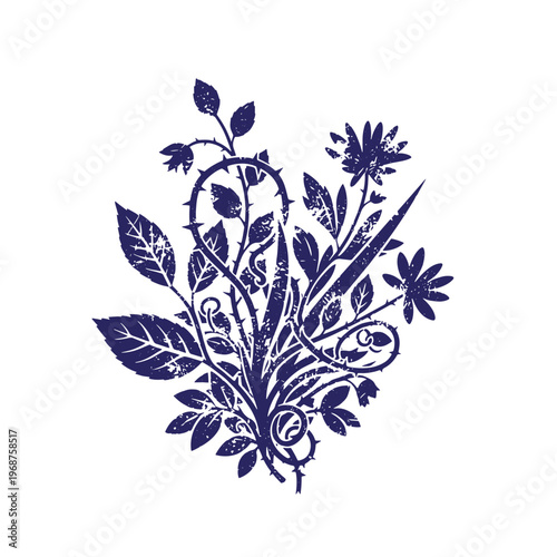 Dark blue silhouette of a floral bouquet with thorny stems and jagged leaves featuring a distressed texture isolated on a white background