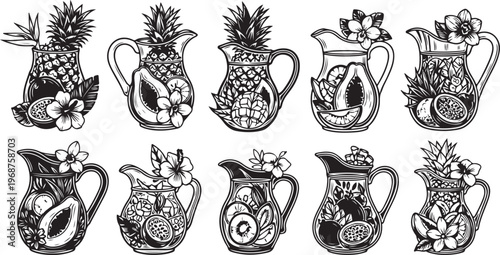 A collection of antique brass planters showcasing intricate designs and varied shapes. Vector