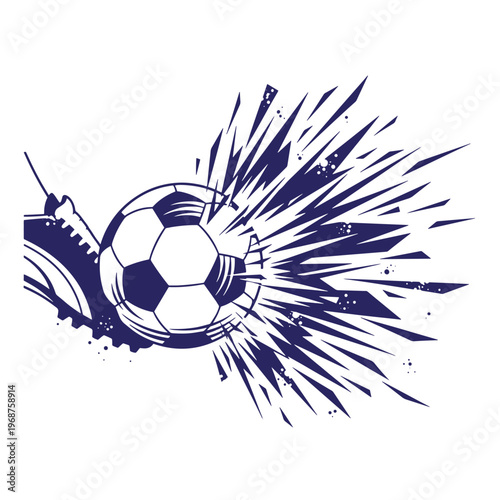 Dark blue silhouette of a soccer ball being kicked by a cleat shoe with dynamic shards and debris flying outward in a burst motion on a white background