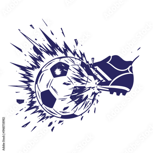 Dark blue silhouette of a soccer cleat kicking a football with dynamic motion lines and explosive splatter effects isolated on a white background