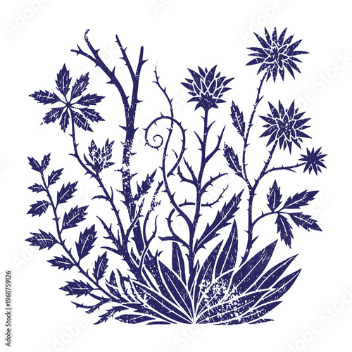 Dark blue silhouette of a thistle plant with sharp thorns and spiky flower heads featuring a distressed grunge texture on a white background
