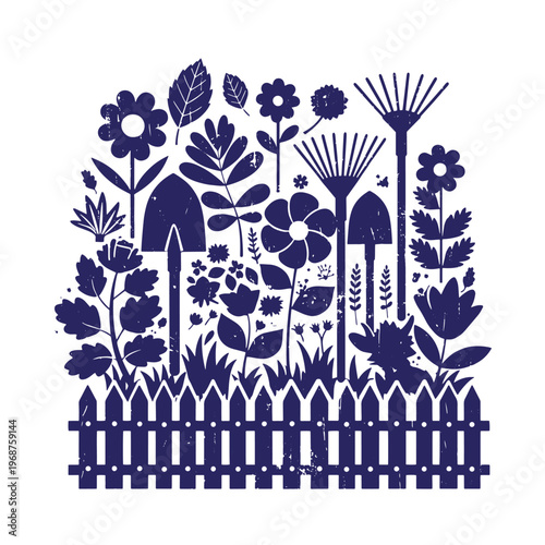 Dark blue silhouette of garden flowers and gardening tools behind a wooden picket fence with a distressed vintage texture on a white background