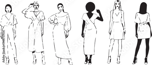 Set of 6 Fashion Model Poses Vector Illustrations isolated PNG with Transparent Background