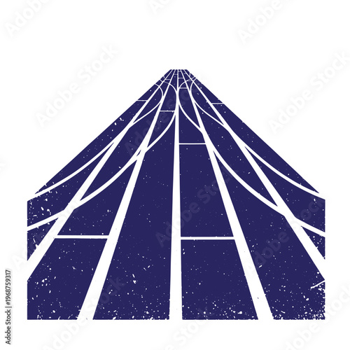Dark blue textured of converging railway tracks or highway lanes receding into a vanishing point on a white background