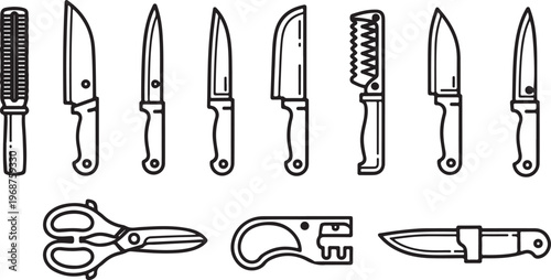Assorted kitchen utensils including knives, scissors and peelers Vector