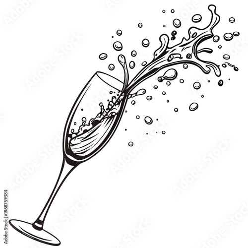An elegant black and white illustration depicts a champagne glass overflowing with liquid and bubbles creating a celebratory scene