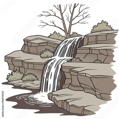 A serene illustration depicts a cascading waterfall flowing over layered rocks with a bare tree and lush greenery surrounding the scene