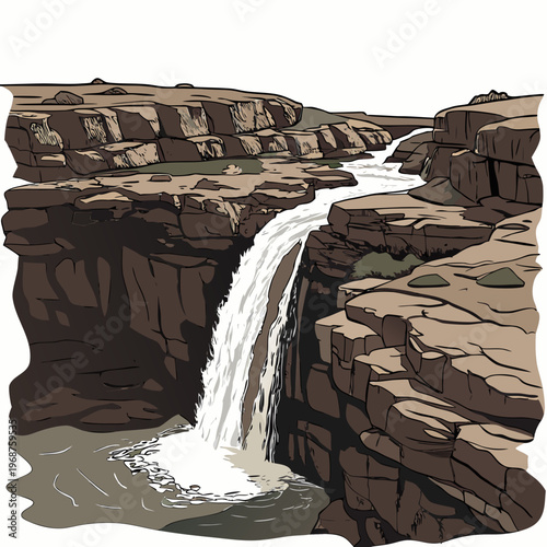 A stylized illustration depicts a cascading waterfall flowing through a rocky canyon with layered rock formations and sparse vegetation