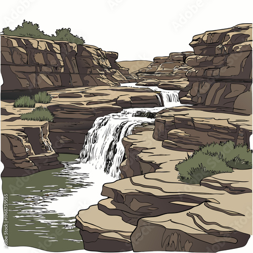 A vividly colored illustration depicts a cascading waterfall flowing through layered sandstone cliffs and sparse vegetation high quality professional detailed