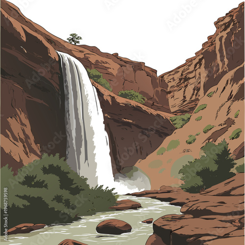 A vibrant illustration depicts a cascading waterfall plunging into a rocky riverbed framed by steep reddish brown canyon walls