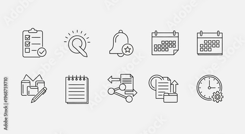 Minimalist business productivity line icons, set of 10 office management vector symbols, professional project planning and organization elements