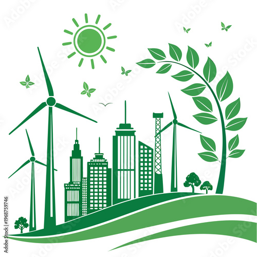 A vibrant green illustration depicts a sustainable cityscape with wind turbines buildings a sun and flourishing foliage high quality professional