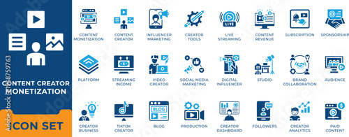 Content creator monetization and influence r marketing vector icon set. Social media live streaming, video production, and blog symbols.