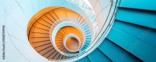 Vibrant Spiral Descent A dynamic top-down view of modern architecture, featuring warm orange steps spiraling into cool blue depths. Infinite, Abstract Design. Staircase, Geometry