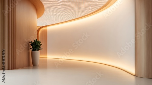 Warm, curved minimalist interior design Glowing walls, smooth wood textures, elegant indirect lighting and a single potted plant, creating a serene modern architectural space for
