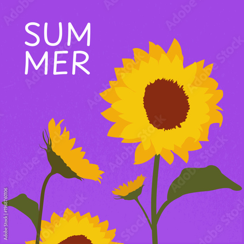 Summer Sunflower Banner on Purple Background with Yellow Flowers