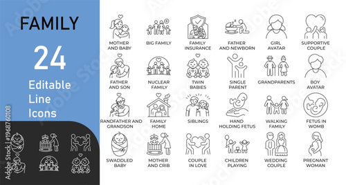 Family line icon set. Contains symbols for pregnancy, newborn baby, siblings, grandparents, and family protection. line vector design for web and mobile.