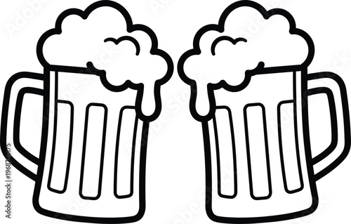 Two Foamy Beer Mugs Toasting Outline Illustration for Celebration and Party Events