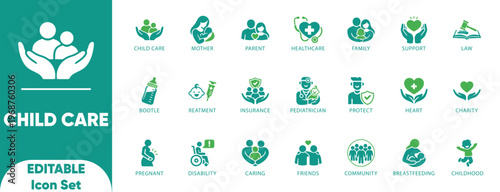 Child Care Icon Set. assistance, charity, children, editable, help, infant, insurance, law, and solid icons.