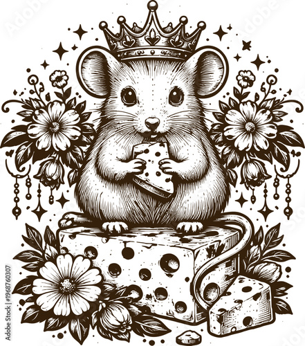 Royal Crowned Mouse Eating Cheese Floral Art