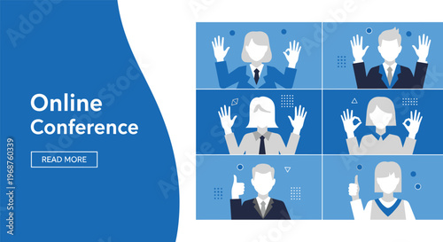 Online conference banner design featuring diverse business people in virtual video call meeting with hand gestures isolated on blue and white background.