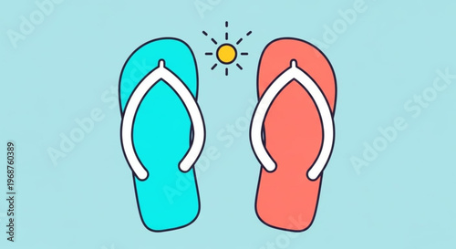 Colorful flip flops and sun on light blue background for summer vacation and relaxation concepts
