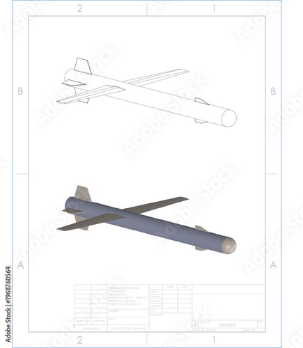 Blueprint & 3D plan of a Rocket or Cruise Missile Vector EPS	
