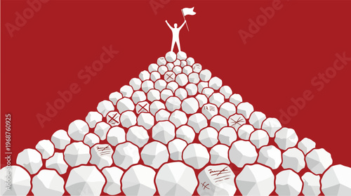 Success Through Failure Concept with Mountain of Crumpled Papers Representing Persistence Growth and Achievement Journey Illustration