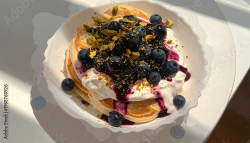 Fluffy pancakes with blueberry sauce, whipped cream and crushed pistachios