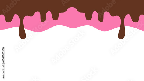 Sweet melting chocolate and pink strawberry icing glaze background. Melted syrup or dripping liquid sauce. Minimalist sweet chocolate and strawberry pink background. Minimalist wavy background.