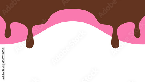Sweet melting chocolate and pink strawberry icing glaze background. Melted syrup or dripping liquid sauce. Minimalist sweet chocolate and strawberry pink background. Minimalist wavy background.