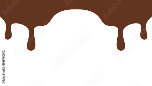 Melted chocolate or syrup drips isolated on a white background. Flowing liquid chocolate border element. A sweet brown syrup or sauce that melts and drips.