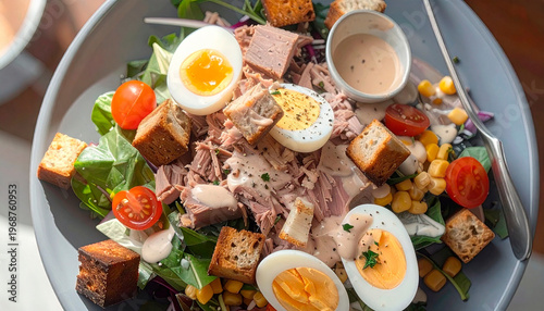 Tuna salad bowl with boiled eggs, croutons, corn and creamy dressing