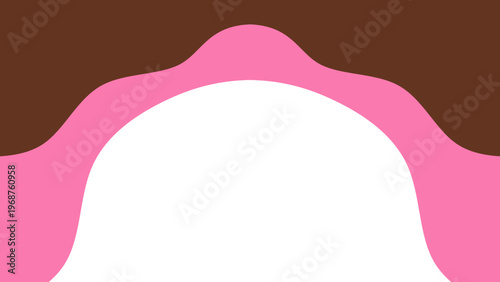 Abstract sweet dessert background with melting chocolate and pink strawberry drip. Minimalist fluid wavy arch background in brown and pink colors. Donut glaze and melting ice cream concept background.