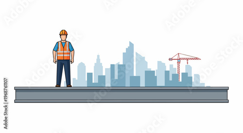 A worker celebrates labor day standing on a platform overlooking a cityscape with a crane