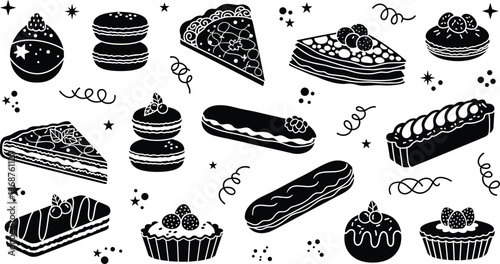Delicious Pastry Icon Set Featuring Macarons, Eclairs, Cakes, Cupcakes, and Tarts for Dessert and Bakery Designs