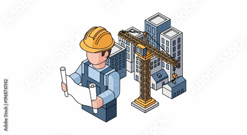 A worker in labor on worker day examines plans beside a construction site crane