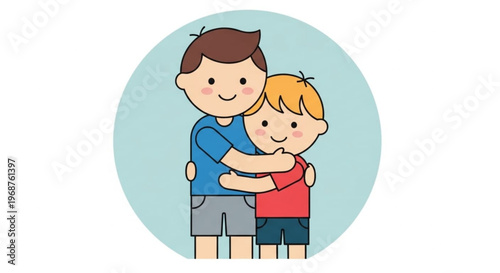 Two boys hugging each other with smiles on their faces in a blue circle background