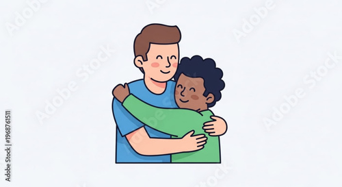 Two men hugging each other with arms around shoulders smiling diverse friendship and affection concept