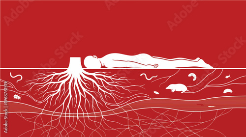 Deep Listening Concept with Underground Ecosystem Beneath Listener Representing Awareness Nature Connection and Hidden Systems Illustration
