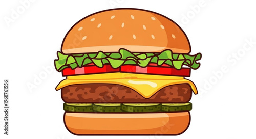 Delicious cheeseburger with lettuce tomato and cheese on a sesame seed bun perfect for fast food or restaurant menu