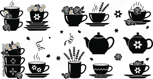 Floral Tea and Coffee Cup Icon Set Featuring Teapots, Mugs, Flowers, and Steam for Cozy Beverage and Kitchen Designs