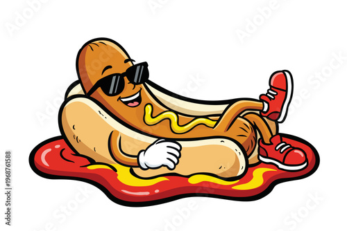 Funny hotdog mascot cartoon character chilling on ketchup and mustard sauce 