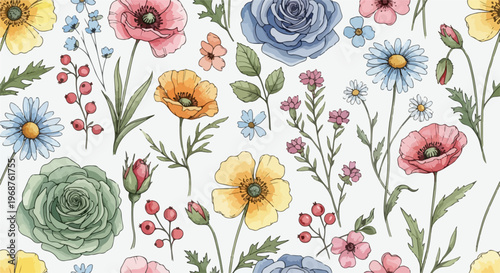 Lush botanical illustration featuring a variety of blooming flowers in harmonious composition