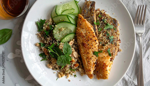 Fried fish fillets served with quinoa salad and cucumber slices on a white dish
