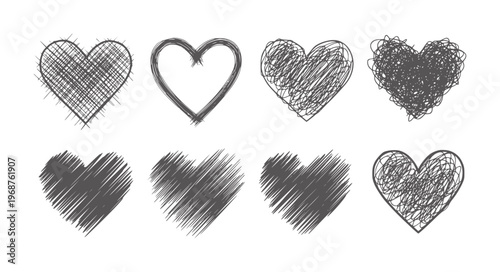 Collection of eight hand drawn dark grey hearts with varied scribbled textures